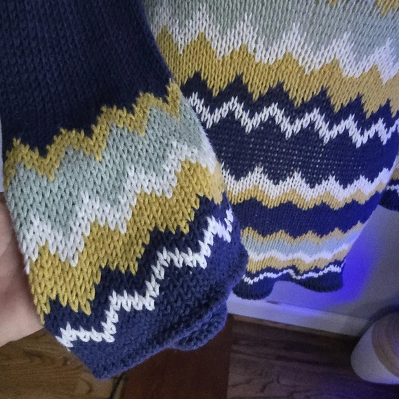 Wooden Ships, Navy Blue Yellow Chevron Stripe Scoop Neck Sweater, Size Medium - Picture 3 of 9